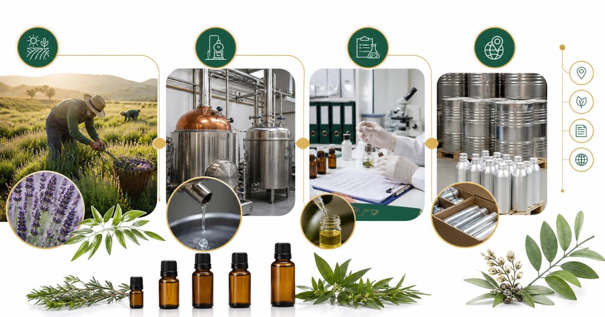 Transparent sourcing and traceability process for bulk essential oils from farm to distillation
