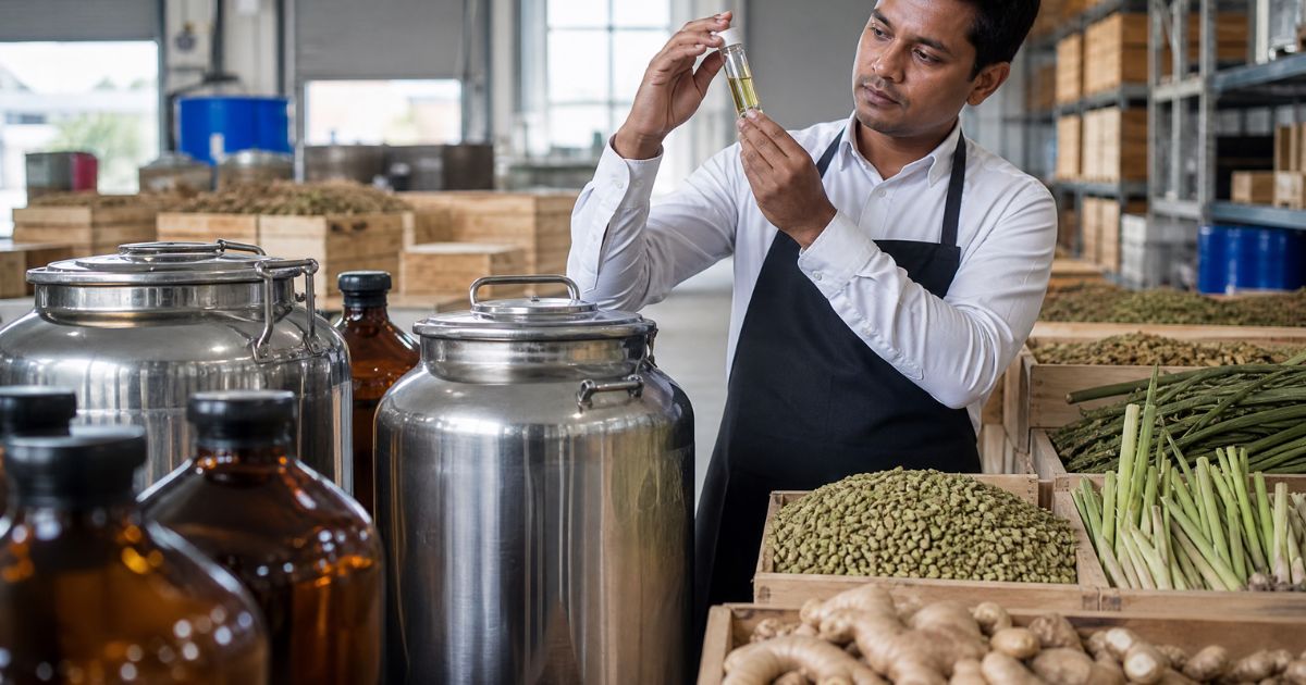 Bulk essential oil containers and Indian raw botanicals in an export warehouse
