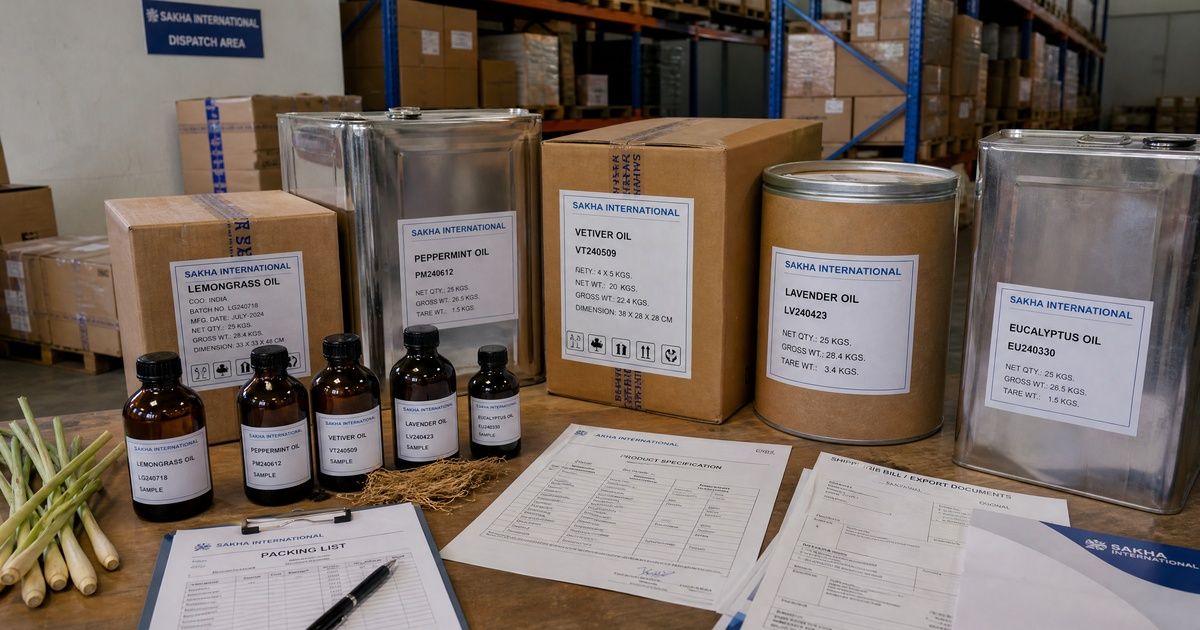 Essential Oil Suppliers in India: Complete B2B Buying Guide for Manufacturers & Exporters 4 Bulk essential oil supply from India with export packaging and samples