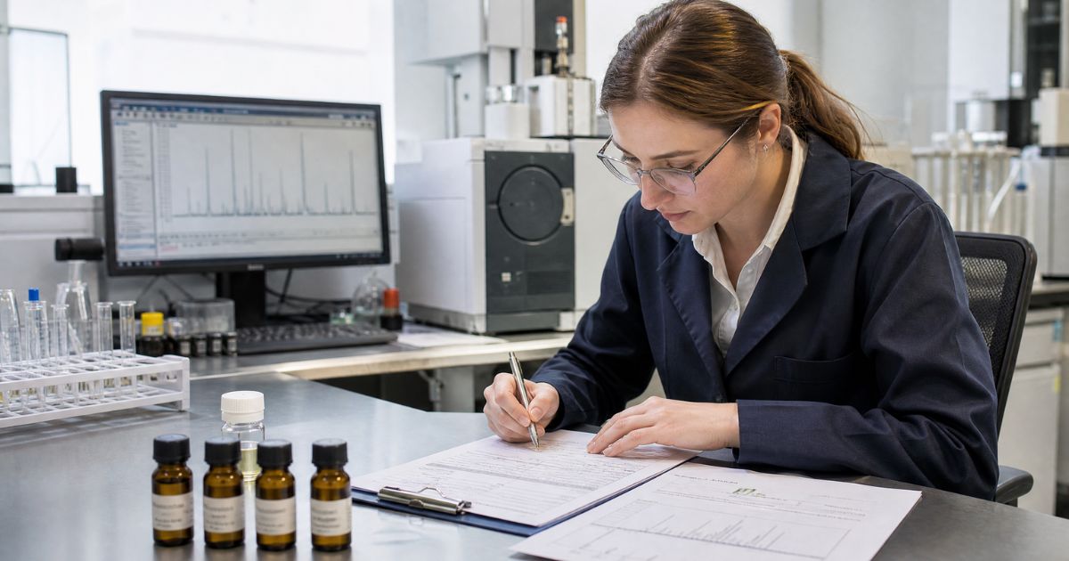 How to Choose a Reliable Bulk Essential Oil Supplier in India: 10 Things Buyers Must Check 3 Procurement manager reviewing a batch-specific Certificate of Analysis and GC-MS report for essential oil