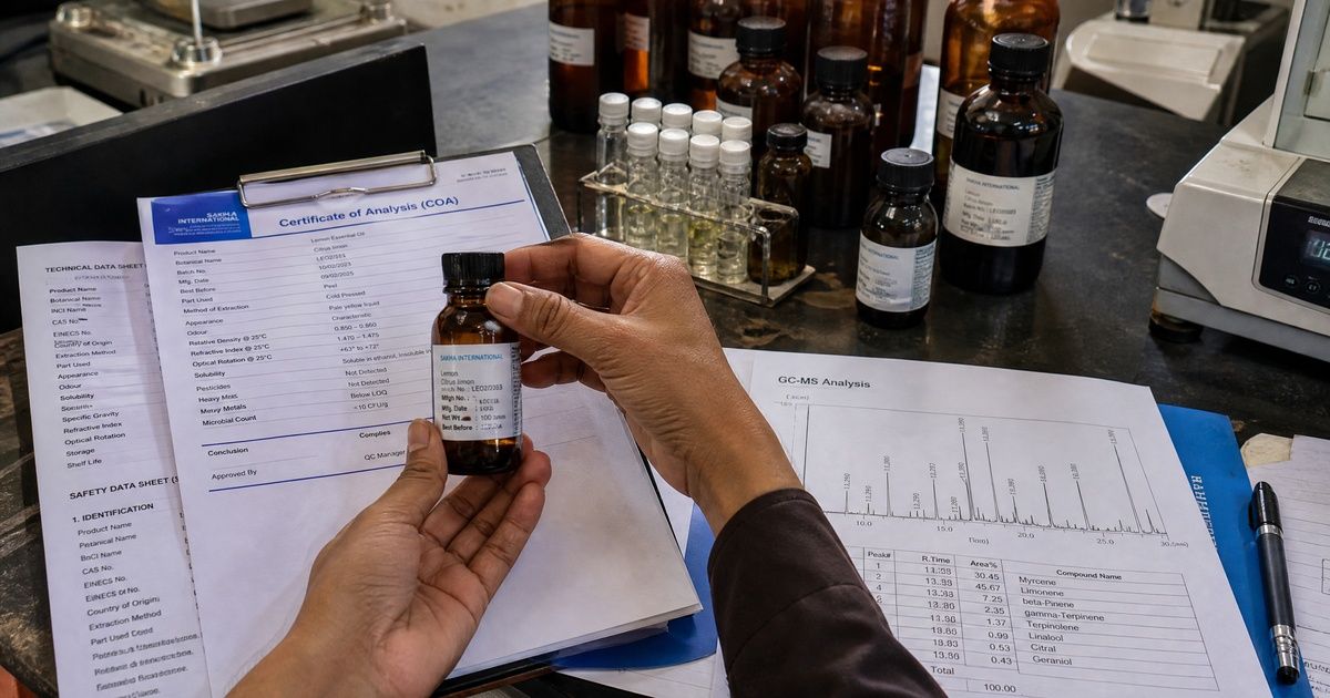 Essential Oil Suppliers in India: Complete B2B Buying Guide for Manufacturers & Exporters 3 Essential oil quality testing with COA and GC-MS report