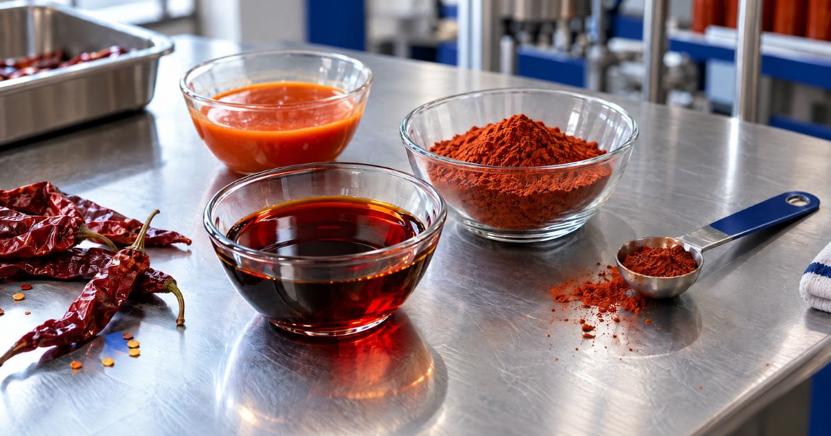 What Is Oleoresin Capsicum Used For? Key Uses and Applications 3 Oleoresin capsicum extract alongside chilli powder and hot sauce in a food manufacturing setting