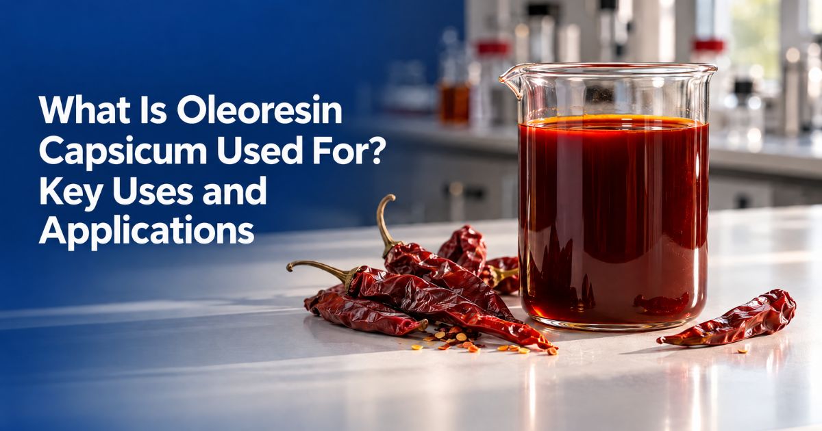 Dark red oleoresin capsicum extract in a glass beaker alongside dried red chillies on a laboratory surface