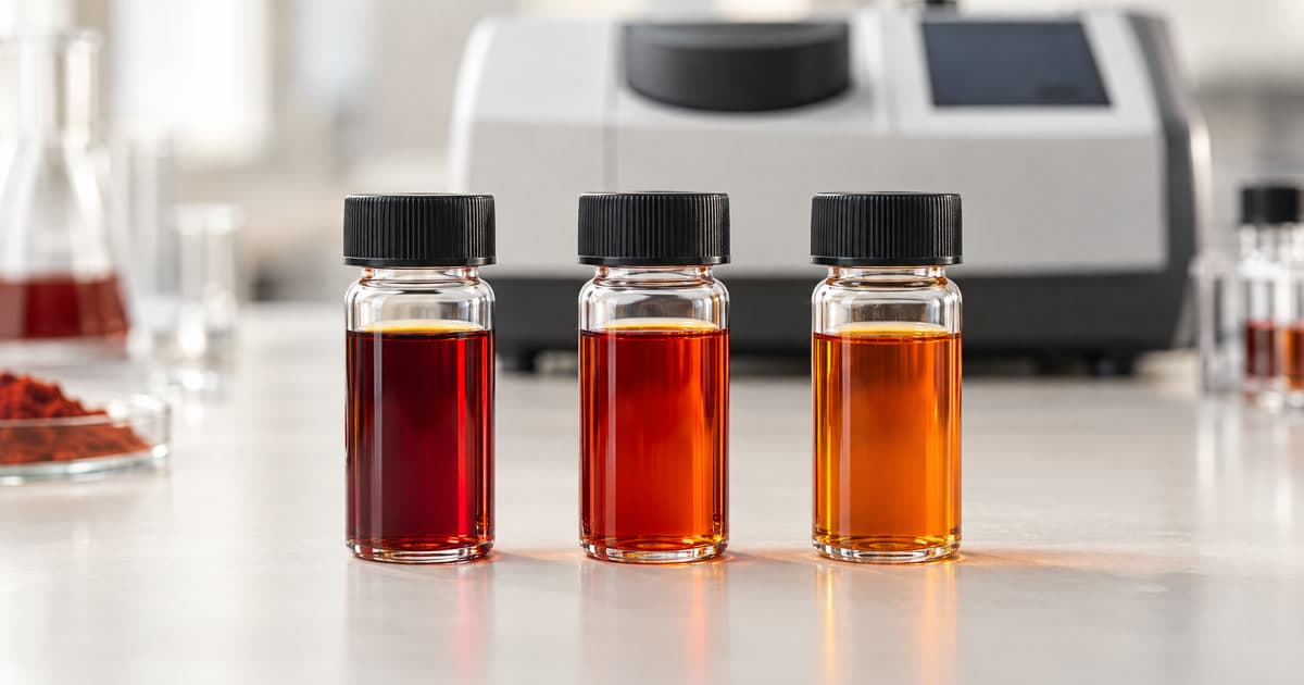 Paprika oleoresin samples showing differences in red and orange hue