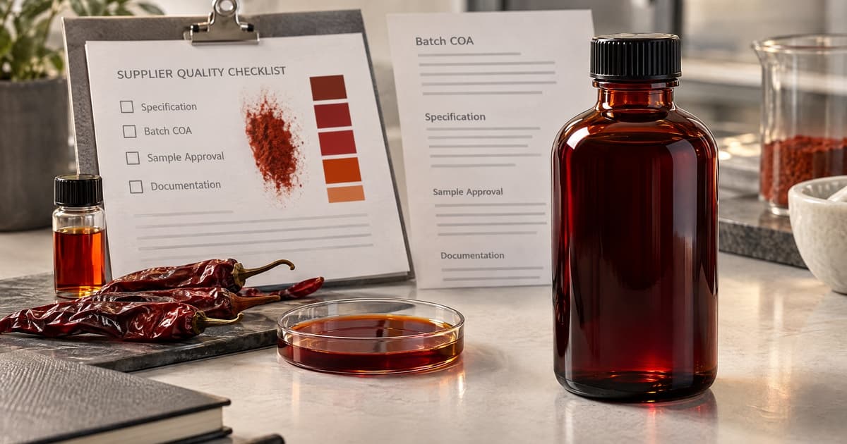 Paprika oleoresin sample bottle with batch COA and specification documents